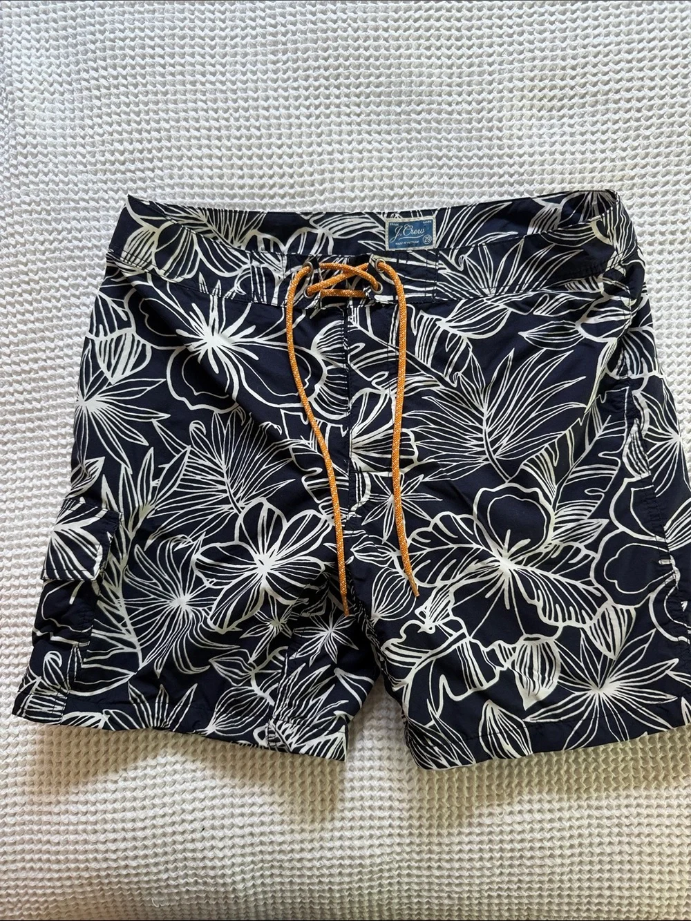 J. Crew Navy Swim Board Shorts with White Tropical Print and Tan Drawstring